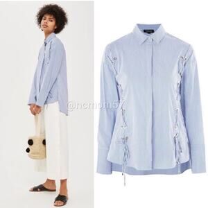 Topshop Blue Striped Lace Up Detail Button Down Top